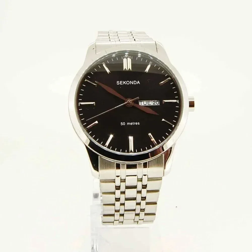 Sekonda Classic Mens Stainless Steel Black Dial Water Resistant Model 1665 Watch